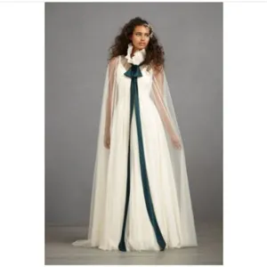 Bruid transparante tule cape mantel met hoge kraag en strik trouwjurk wit accessoire