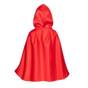 Red hooded cloak detail view, medieval costume cape for Halloween and cosplay events.