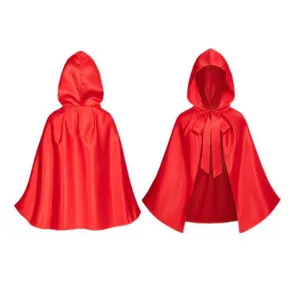 Red satin hooded cloak medieval costume cape for Halloween cosplay and stage performance.