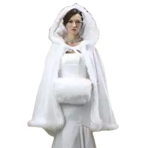 Cape de mariée en fausse fourrure blanche chaude d'hiver épaisse avec manchon assorti pour mariage