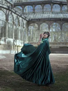 Emerald green hooded cloak cape for performance, dramatic theatrical costume and party wear.