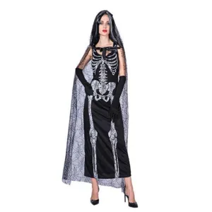 Costume d'Halloween squelette noir avec cape voile toile d'araignée pour fête et spectacle.