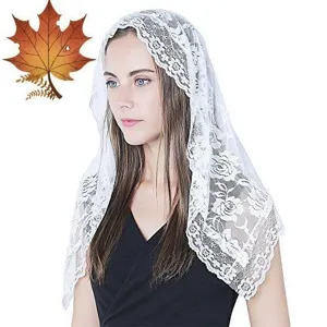 White lace bridal veil short wedding head covering floral embroidered mantilla scarf shawl.