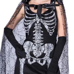Costume de squelette noir d'Halloween avec cape en dentelle de toile d'araignée et gants.