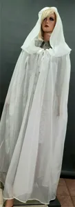 White chiffon hooded cape cloak for women, elegant sheer sun protection beach wear detail shot.