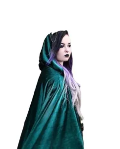 Detail view of the elegant dark green velvet hooded cloak, perfect for cosplay, parties, and stage.