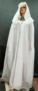 Detail of the white sheer hooded cape, lightweight fabric with tie closure, stylish daily wear.