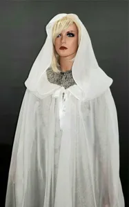White chiffon hooded cape for women summer sun protection cloak elegant lace collar top