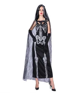 Robe squelette noire d'Halloween avec cape à capuche en toile d'araignée pour fête.