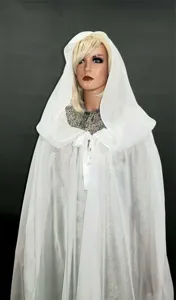 White chiffon hooded cape cloak for women, elegant lace collar design, summer sun protection.