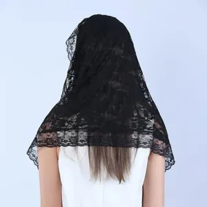 Black lace veil bridal mantilla head scarf short embroidered floral wedding hair accessory wrap