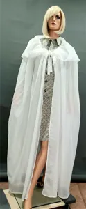 Chiffon cape detail, lightweight sheer white cloak fabric texture, elegant Halloween costume trim.