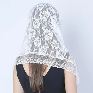 White floral lace bridal veil mantilla short wedding head covering elegant sheer wrap shawl.