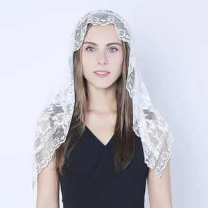 White lace bridal veil for women, floral embroidered mantilla headcovering for weddings.