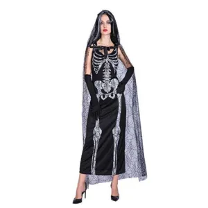 Costume de fête d'Halloween cape en résille araignée noire robe squelette longue capuche.