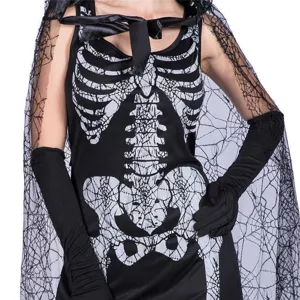 Halloween robe imprimé squelette noir cape en dentelle toile d'araignée costume de fête