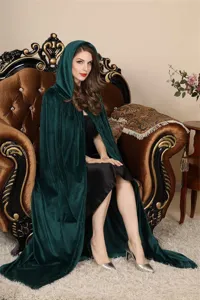 Medieval velvet hooded cloak green cape for women, vintage masquerade costume party wear.
