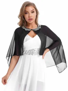 Mujer bolero negro transparente de gasa con cuello de cuentas elegante para fiesta