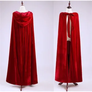 Red velvet hooded cloak detail shot, showing smooth fabric texture and elegant stage cape design.
