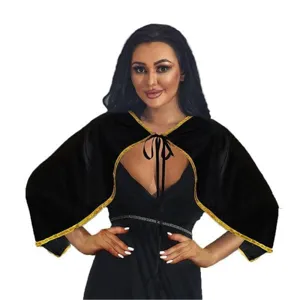 Cape d'Halloween en velours noir pour femmes, court manteau bordé d'or avec liens pour fête.