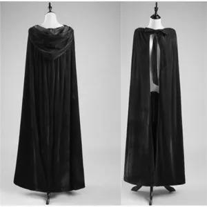 Black velvet hooded cloak and cape detail view, ideal for stage performance and party wear.