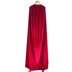 Red velvet hooded cloak back detail, long stage performance costume cape texture and hemline.
