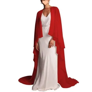 Elegant solid red chiffon long cape bridal wedding dress shawl women's evening cloak