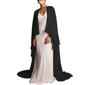 Women solid color chiffon long cape elegant bridal bridesmaid evening dress shawl cloak
