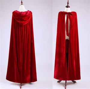 Red velvet hooded cloak detail, long theatrical costume cape, soft fabric texture view.