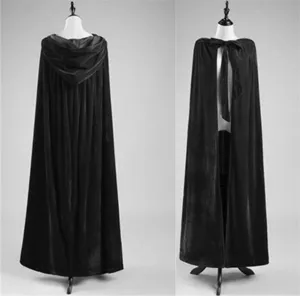 Black velvet hooded cloak for stage performance and party, long cape outerwear.