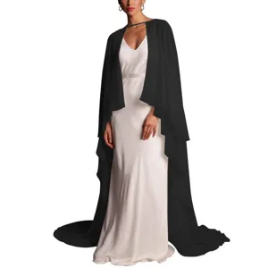 Exquisite long black chiffon cape detail, elegant sheer fabric design for evening dresses.