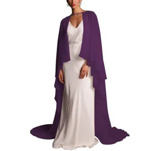 Long purple chiffon cape shawl for women, elegant evening dress cover up for wedding party.