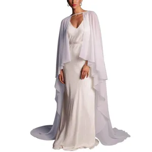 Detail view of the elegant flowing chiffon cape showing sheer fabric and graceful drape.