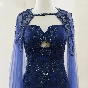 Dunkelblau schwer perlenbesetzt Netzumhang Brautkleid Abendkleid Schauspieler Ärmel Auftritt Kostüm