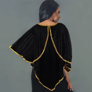 Femme cape velours noir bordure or costume Halloween spectacle élégante tenue vestimentaire