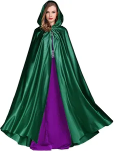 Halloween hooded green cloak with purple dress, perfect for cosplay, stage shows, and costume parties.