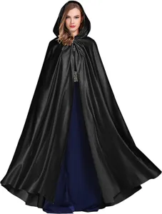 Black hooded cloak cosplay cape for Halloween party, lightweight wizard stage costume.