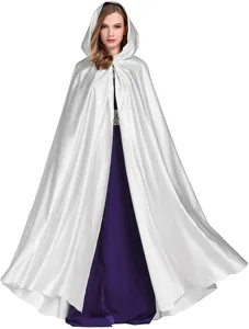 White hooded satin cloak detail view, perfect for Halloween cosplay and stage performances.