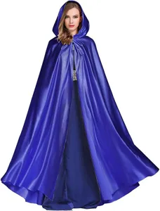 Blue satin hooded cloak costume for Halloween cosplay, dramatic wizard cape for stage shows.