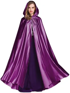 Purple hooded satin cloak cape for women Halloween wizard costume stage performance detail view