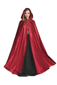 Red hooded cloak cape detail view for cosplay costume parties, soft and comfortable fabric.