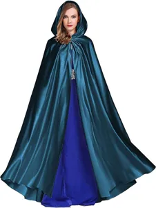 Hooded satin cloak detail with elegant front clasp and shimmering fabric for cosplay events.