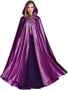 Purple hooded cosplay cloak detail shot, lightweight fabric cape for Halloween stage costume.