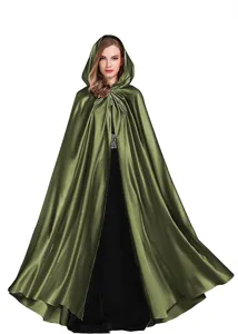 Close-up view of the emerald green hooded cloak showing smooth satin texture and elegant drape.
