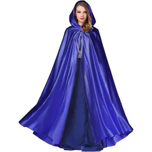 Royal blue hooded cloak cape for women satin long costume wizard Halloween stage wear outfit