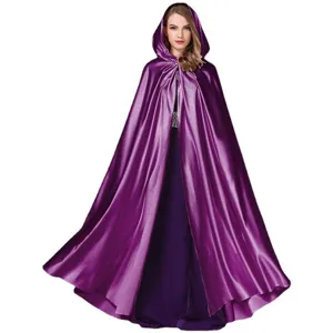 Purple hooded satin cloak costume for Halloween cosplay, wizard stage performance and parties.