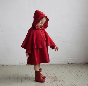 Children red hooded cape ruffles brim toddler cloak winter warm outerwear cute girl clothes