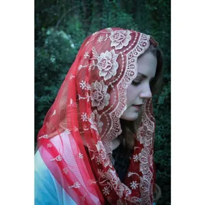 Detailed view of red mesh lace embroidered head veil showing exquisite floral design.