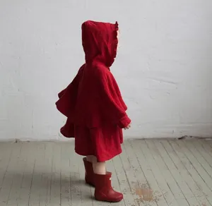 Children red hooded cape winter cloak ruffled brim toddler holiday costume cute outerwear