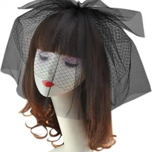 Black mesh birdcage veil bridal wedding hair accessory with large bow and comb for women.